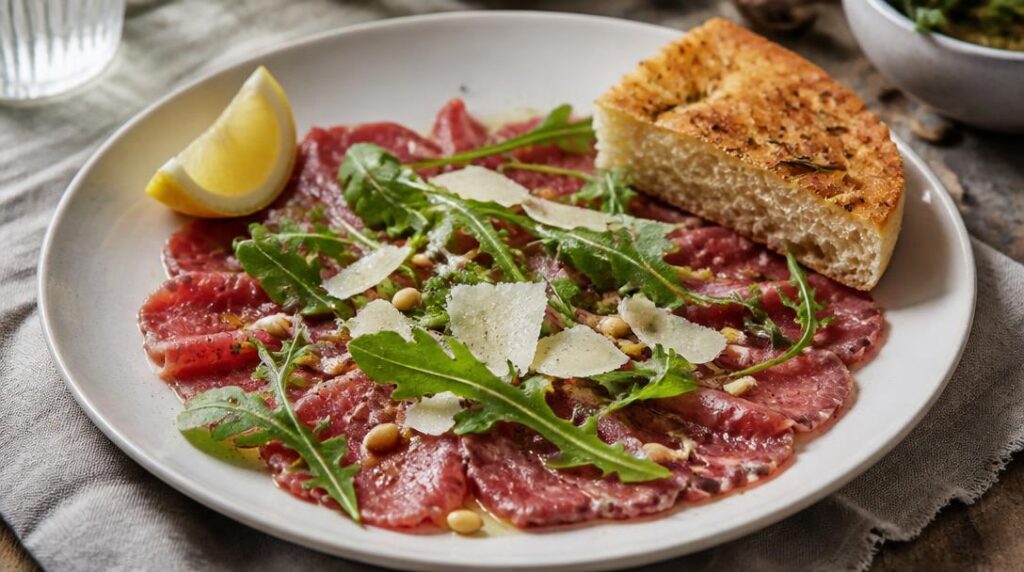 Carpaccio avec roquette, parmesan et focaccia grillée