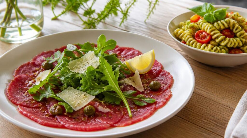 Carpaccio de bœuf et salade de pâtes au pesto
