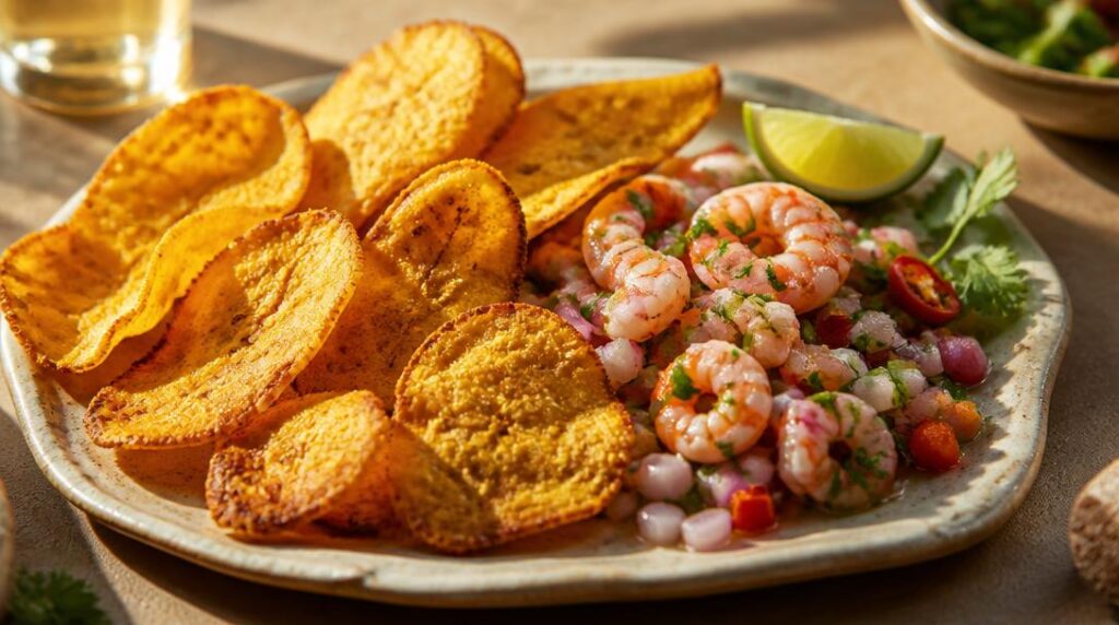 Chips de plantain avec ceviche de crevettes