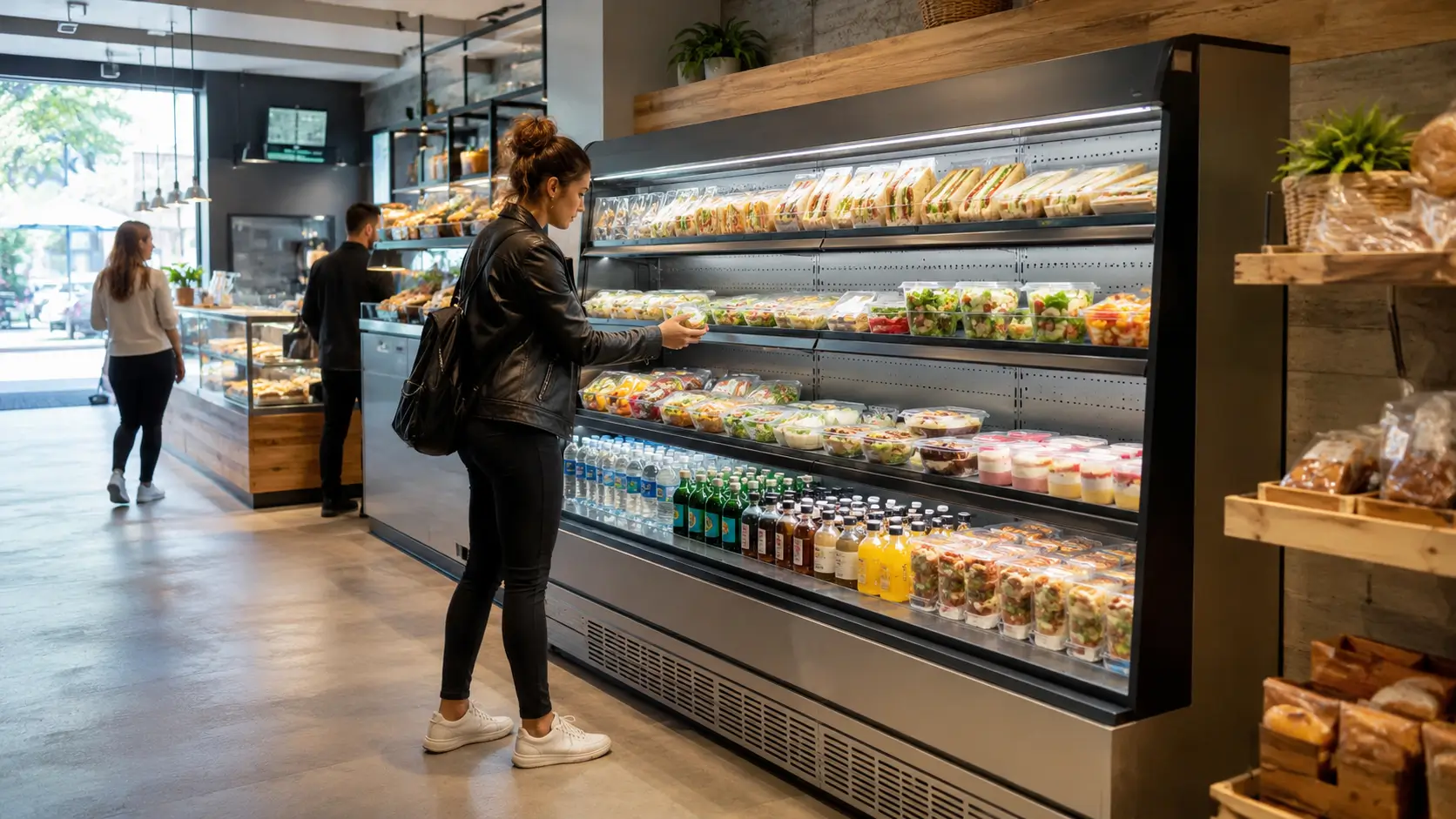 Vente à emporter : cliente prend une salade dans un bac réfrigéré.