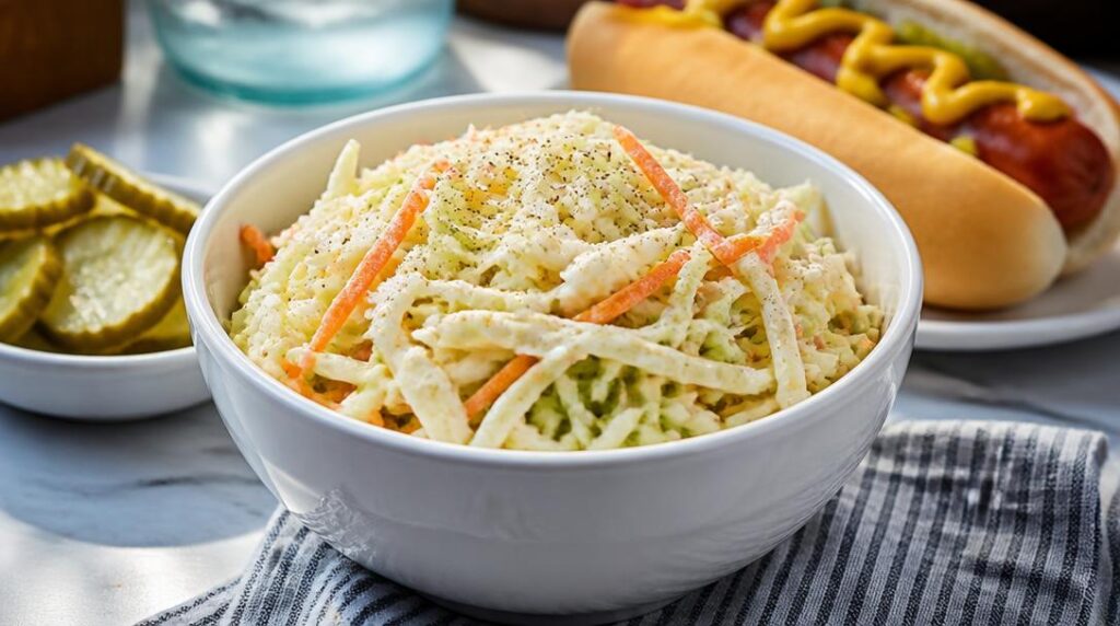 Coleslaw maison et pickles pour hot-dog