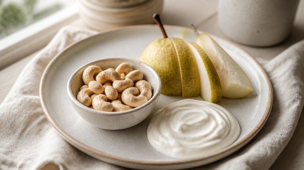 Collation noix de cajou avec fruit et yaourt nature