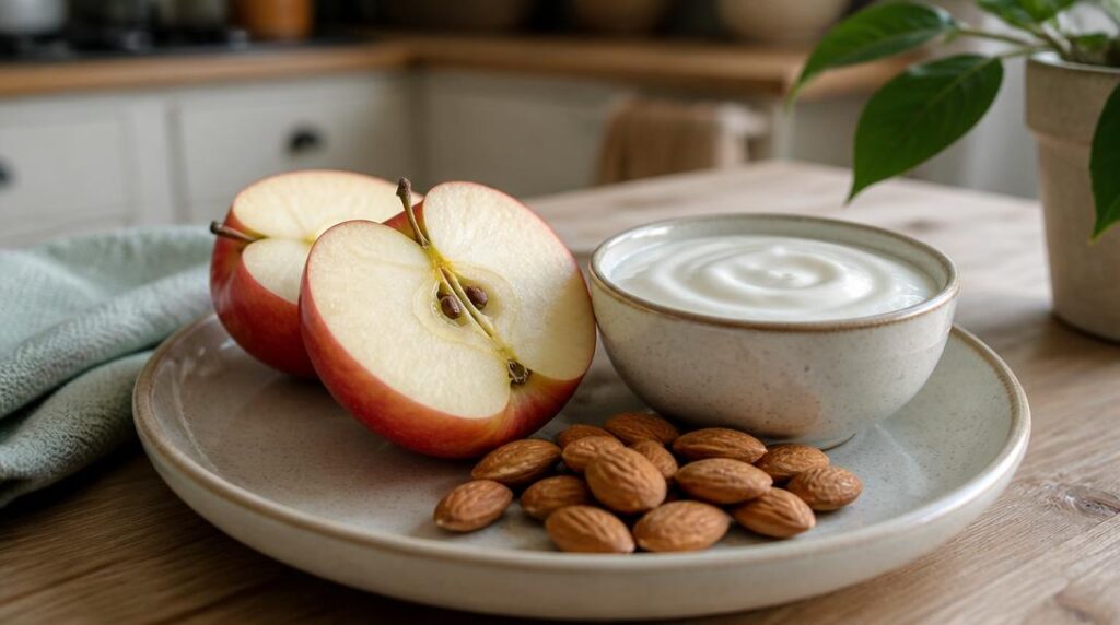 Collation de pomme, yaourt nature et amandes