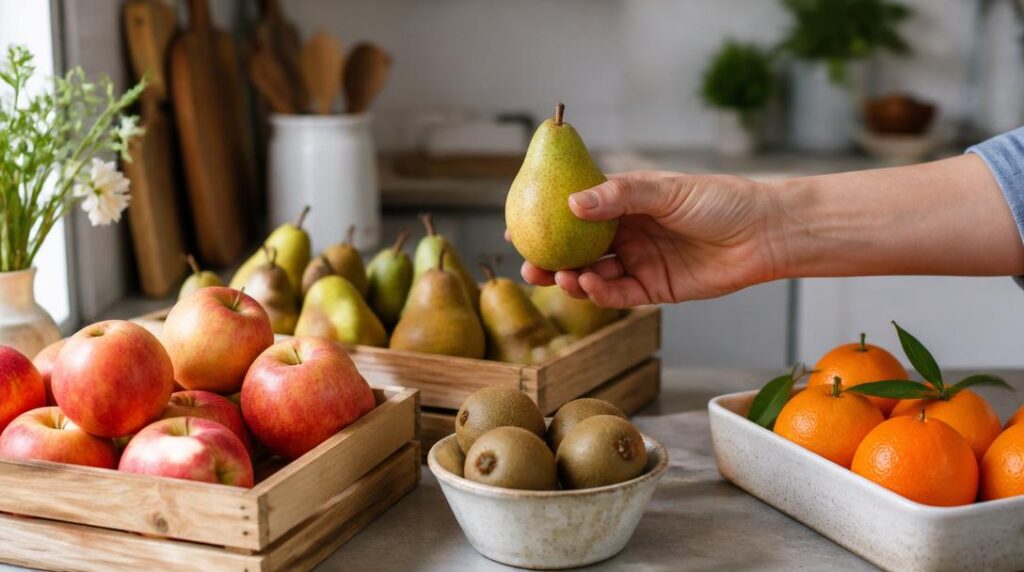 Pommes, poires et kiwis rangés pour mieux se conserver