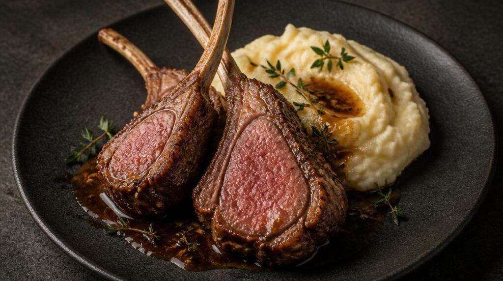 Côtelettes d'agneau rosées avec purée au thym