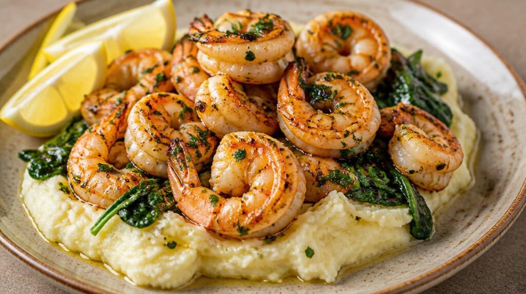 Crevettes persillées avec purée et épinards