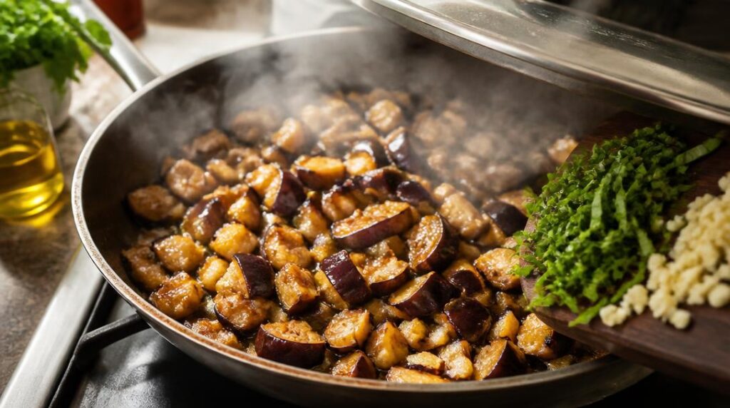 Aubergines sautées à couvert avec ail et basilic
