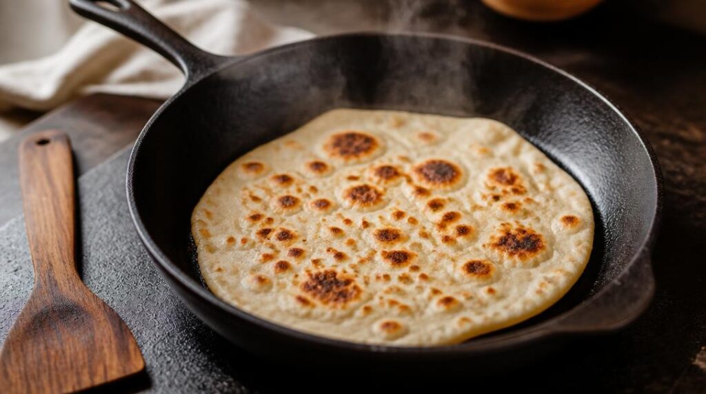 Cuisson d’une piadina romagnola dans une poêle