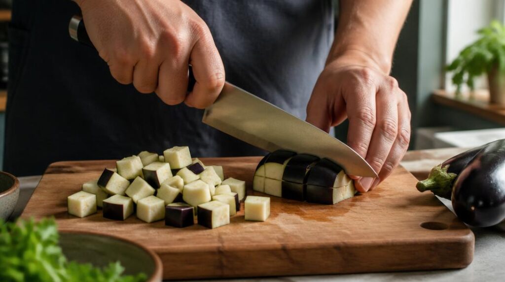 Découpe d'aubergine en dés réguliers
