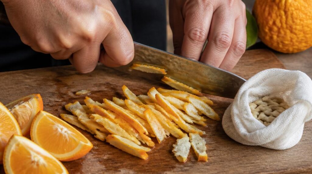 Zestes d'orange finement coupés pour marmelade