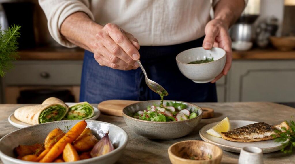 Portion de sauce légère servie sur repas équilibré