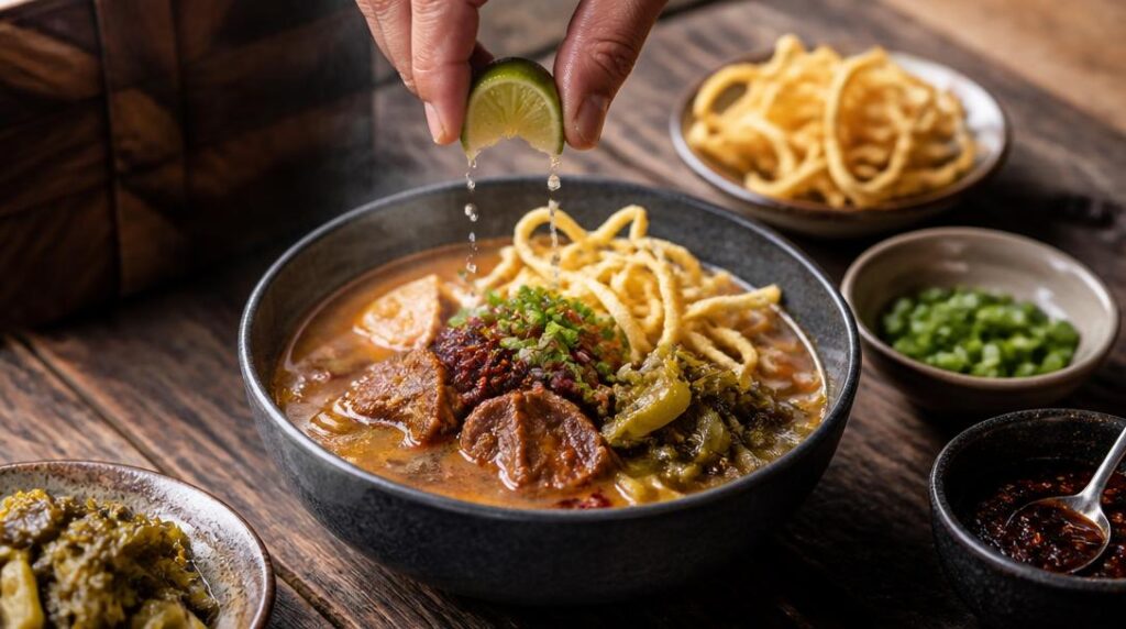 Curry de nouilles thaïlandais avec citron et piment