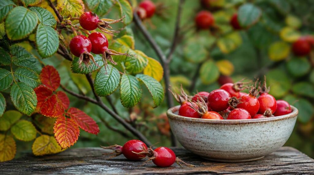Églantier chargé de cynorrhodons rouges en automne