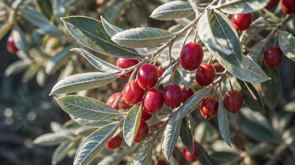 Baies d’elaeagnus mûres sur feuillage argenté