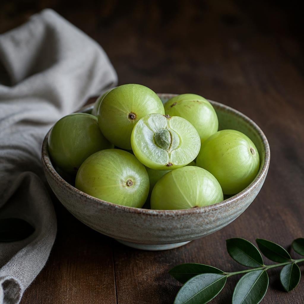 Emblic amla frais posé sur table sombre