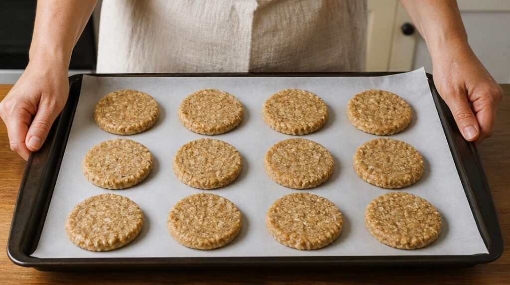 Mains formant douze cookies sans beurre sur plaque