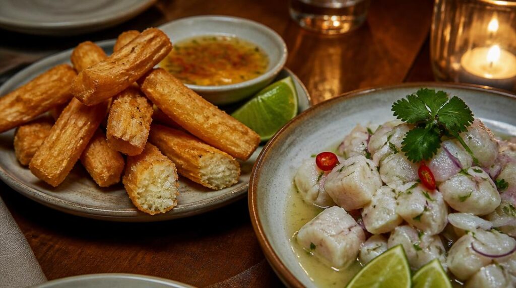 Frites de manioc avec ceviche frais