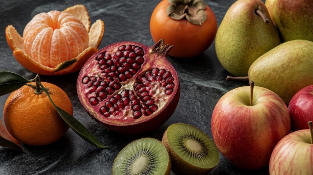 Clémentines, grenade et kaki parmi les fruits de décembre