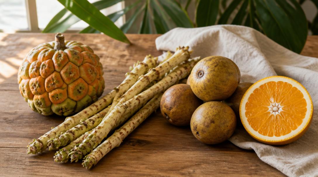 Quatre fruits en H sur une table de cuisine