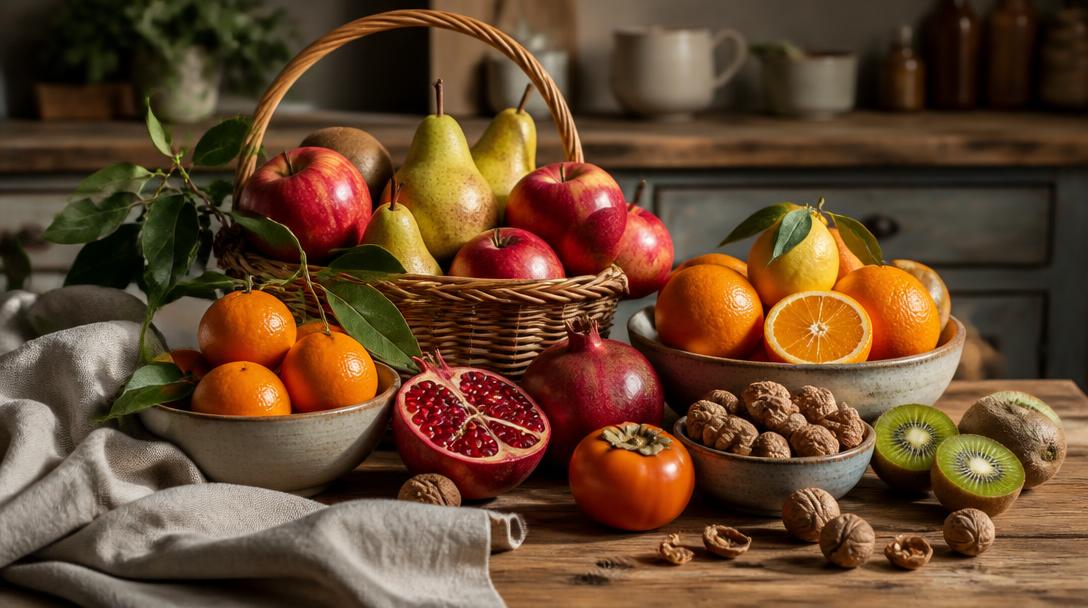 Panier de fruits d'hiver avec agrumes, pommes et kiwis