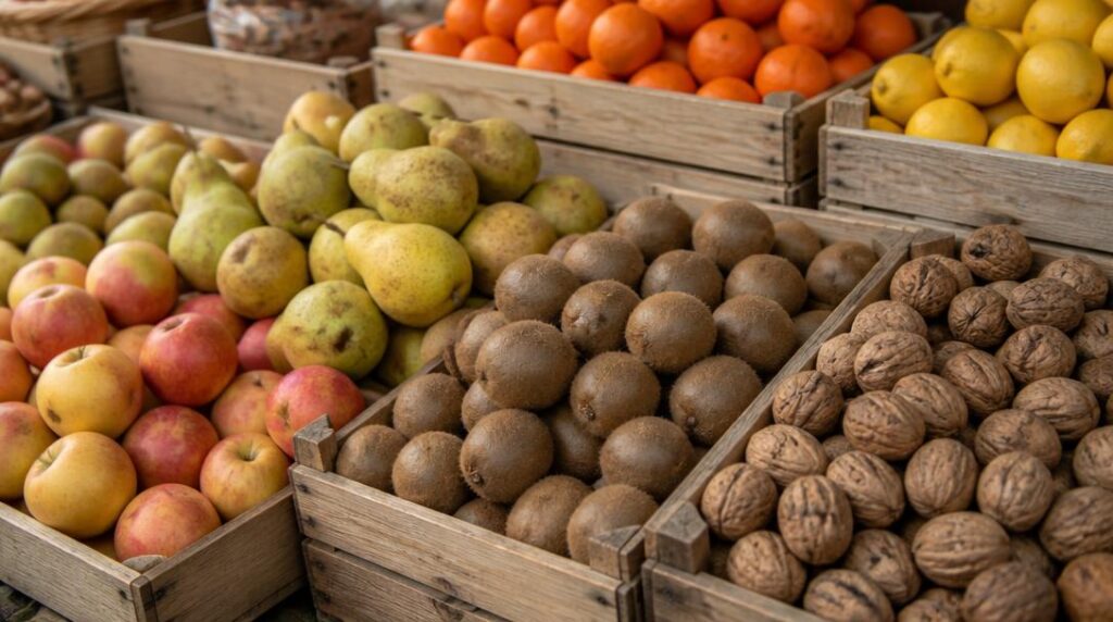 Pommes, poires et kiwis sur un étal de saison