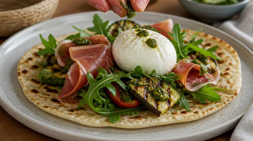 Garniture piadina avec burrata, roquette et légumes grillés
