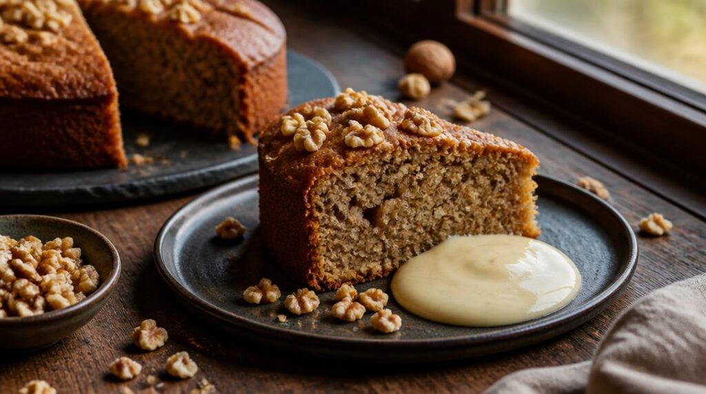Gâteau aux noix avec crème anglaise vanillée