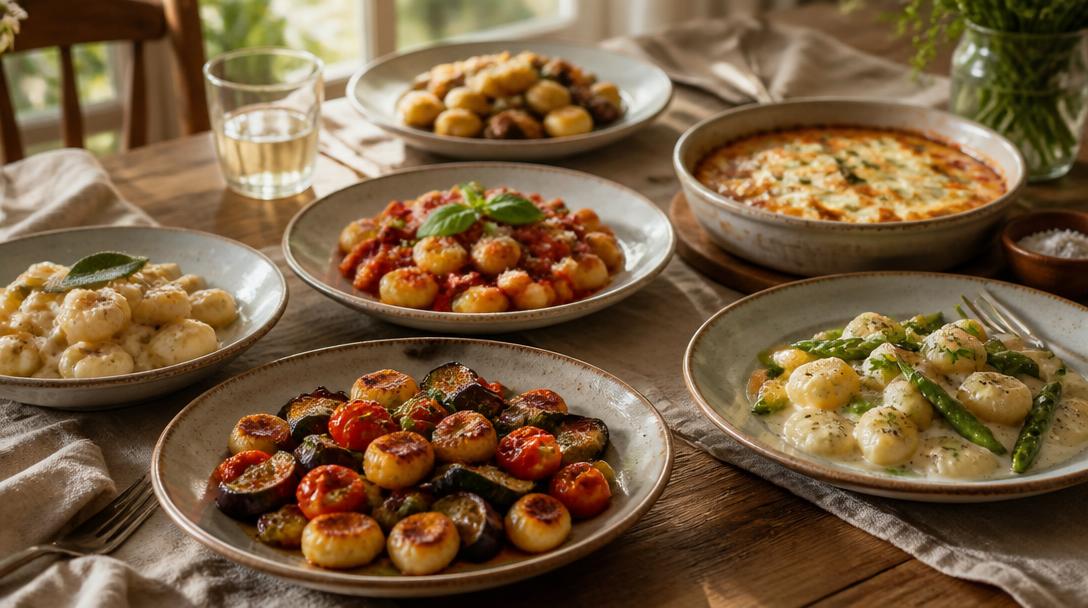 Gnocchi et accompagnement avec légumes, sauces et gratin