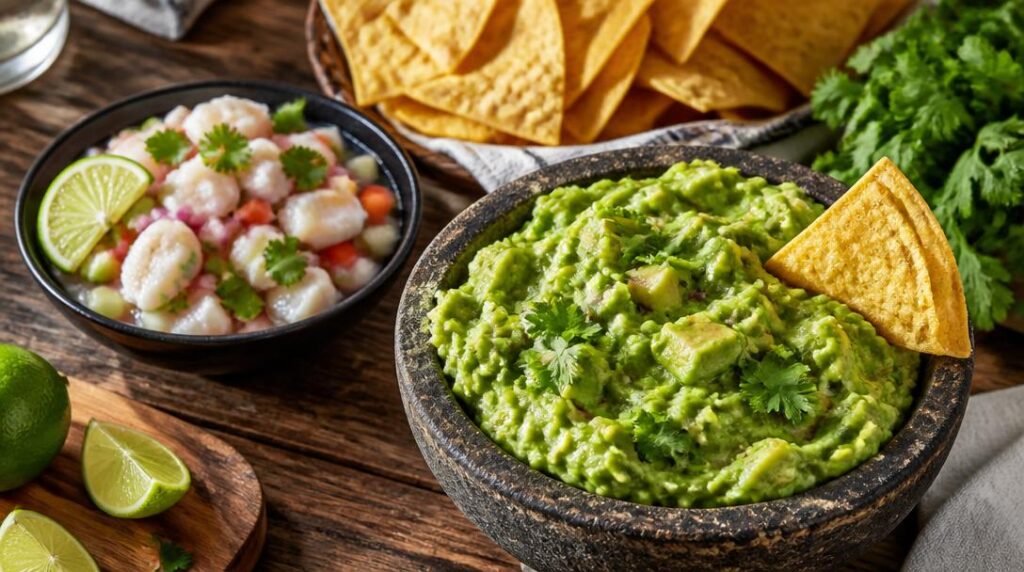 Guacamole avec ceviche et tostadas croustillantes