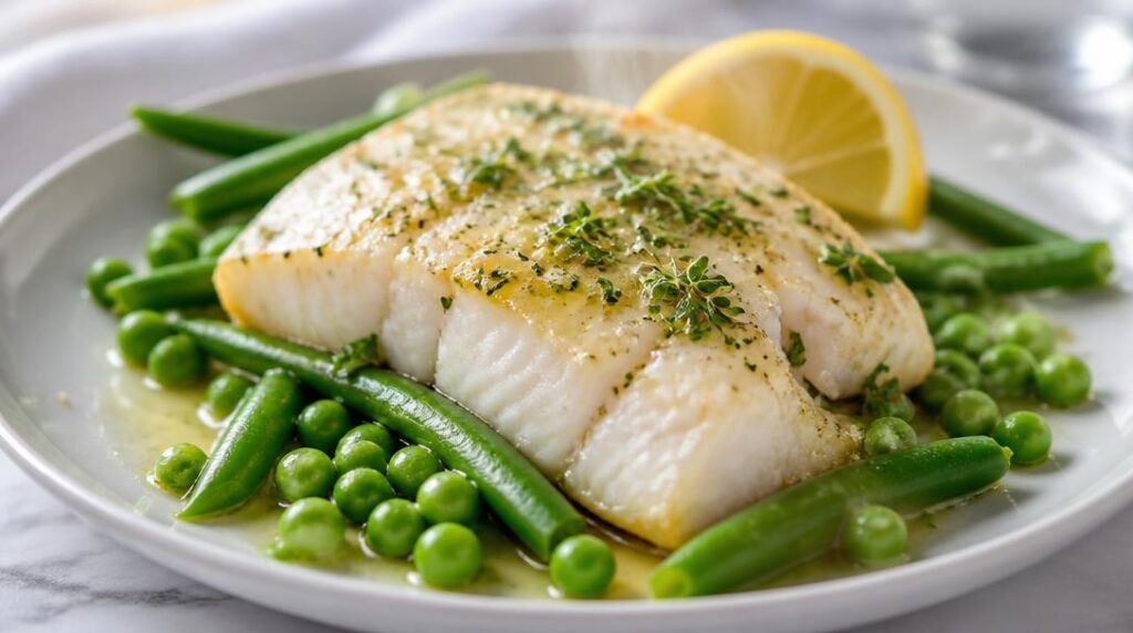Haricots verts et petits pois avec filet de cabillaud