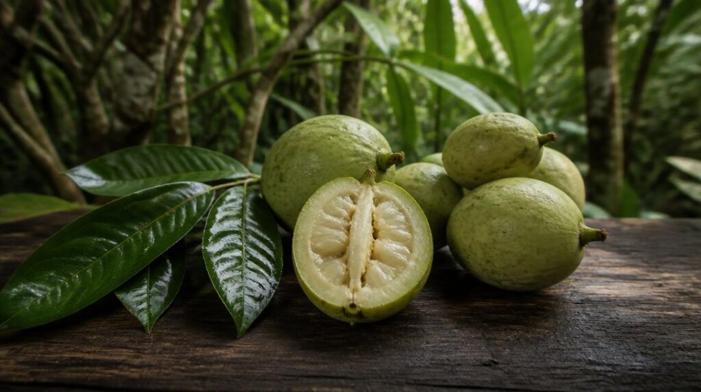 Huito Genipa americana ouvert sur une table tropicale