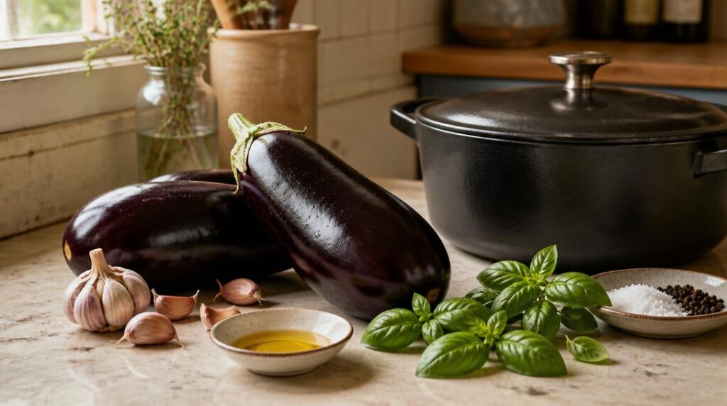 Aubergines, ail, basilic et huile d'olive