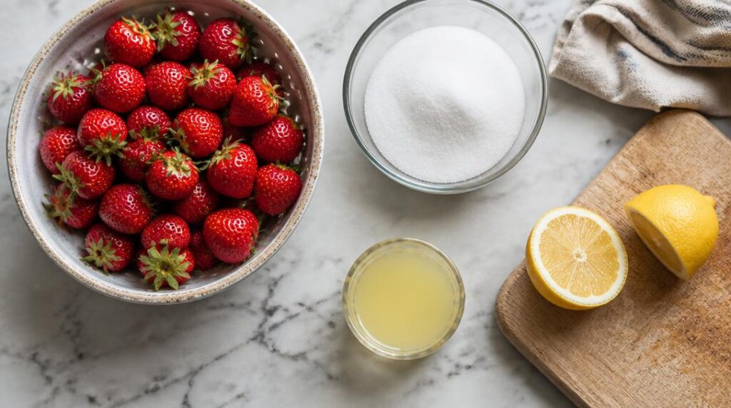 Fraises mûres, sucre cristal et citron pour confiture maison