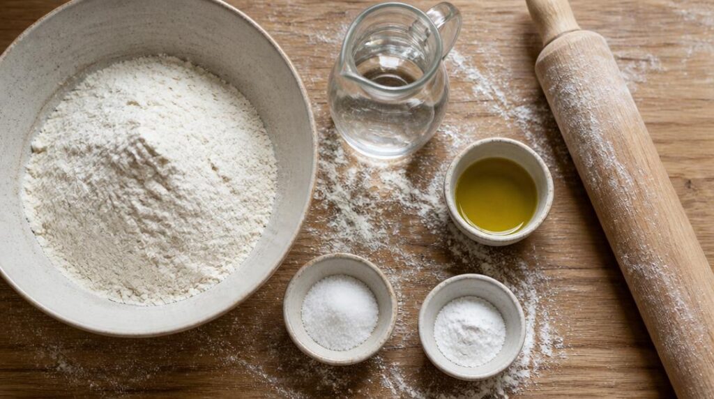 Farine, eau et huile pour pâte à piadina