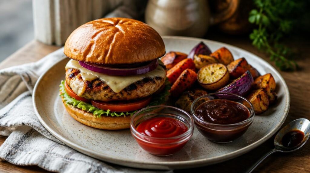 Sauces barbecue légères avec burger et légumes rôtis