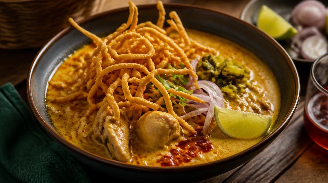 Khao soi crémeux aux nouilles croustillantes et poulet
