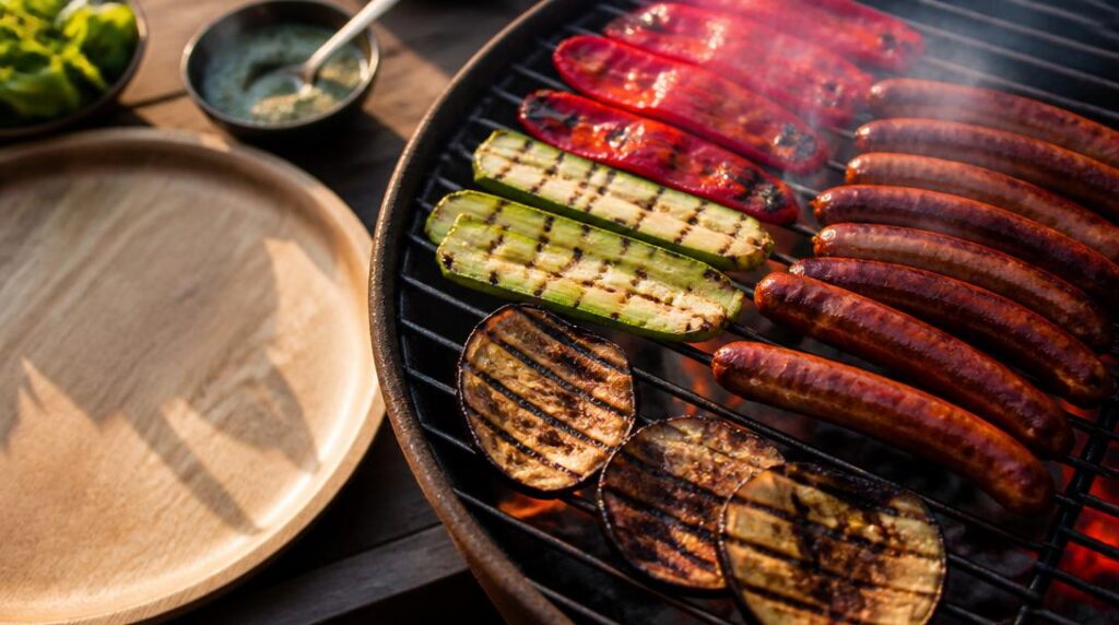 Poivrons courgettes aubergines et merguez au barbecue