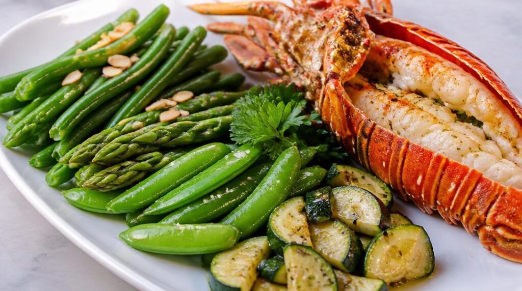 Haricots verts, asperges et courgettes avec langouste