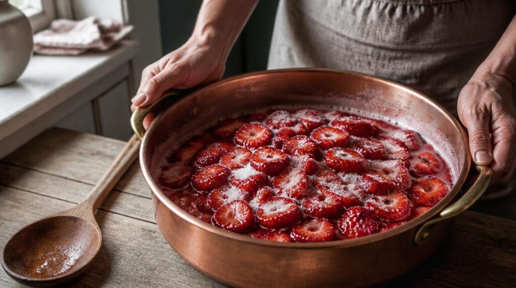 Macération des fraises avec le sucre avant cuisson