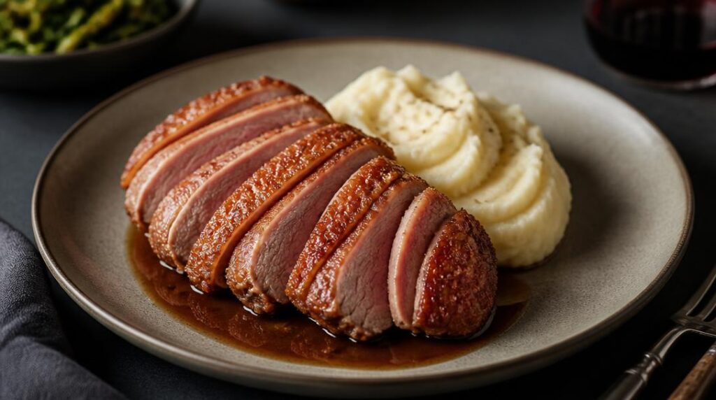 Magret de canard tranché avec purée maison