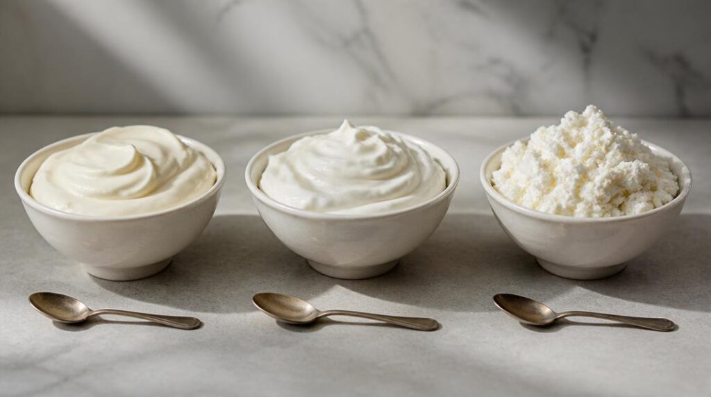 Mascarpone crème fraîche et ricotta en bols