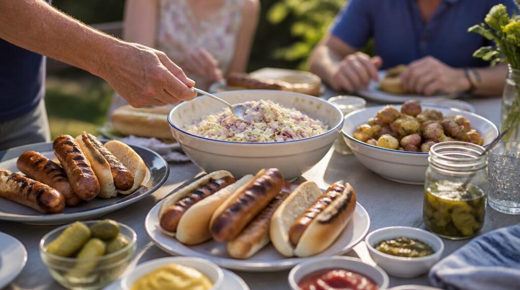 Menu hot-dog barbecue avec coleslaw et potatoes