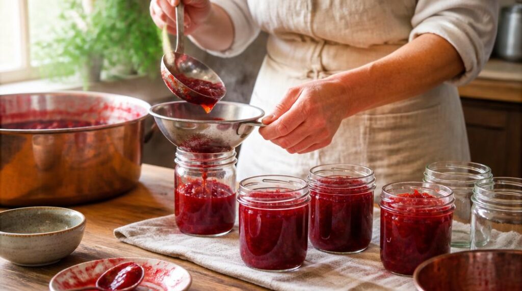 Remplissage à chaud de pots de confiture maison
