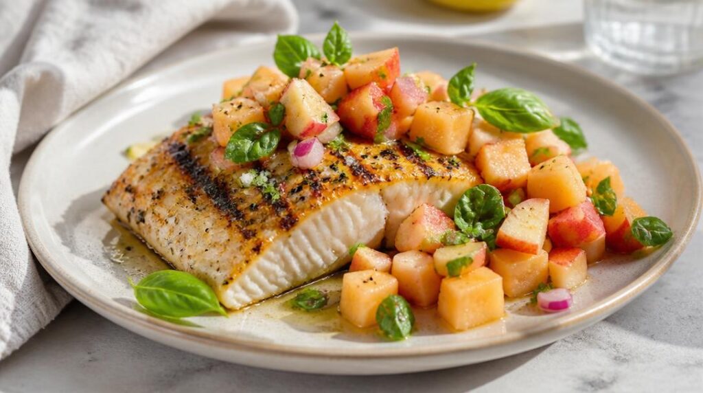 Nectarine et melon avec cabillaud grillé