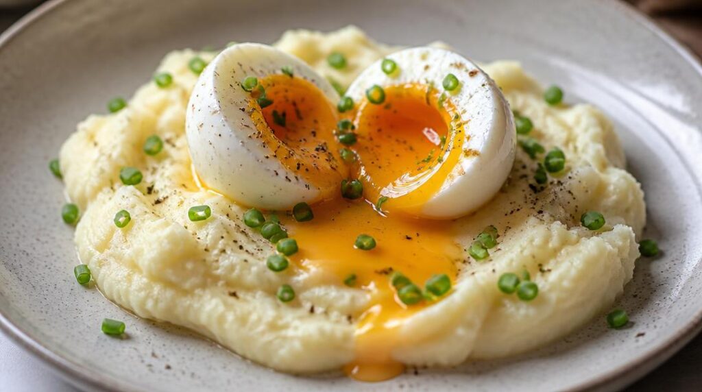 Œuf mollet coulant sur purée à la ciboulette