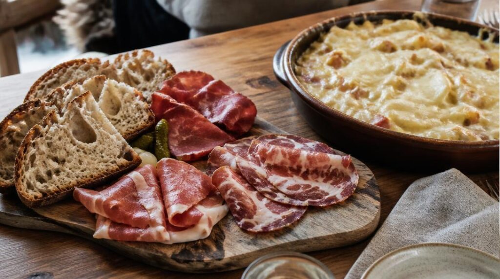 Pain au levain et charcuterie pour tartiflette