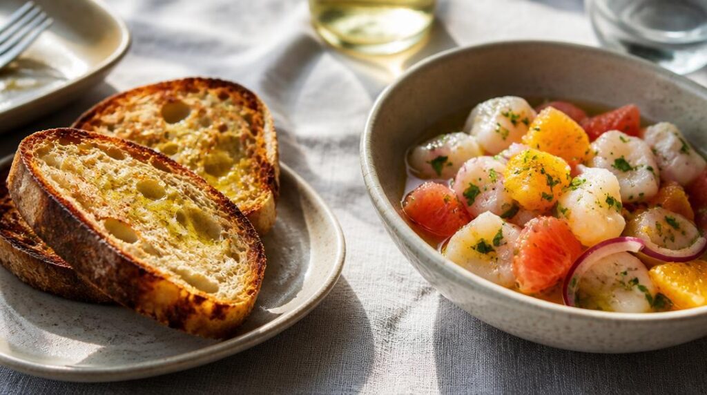 Pain grillé à l’huile avec ceviche