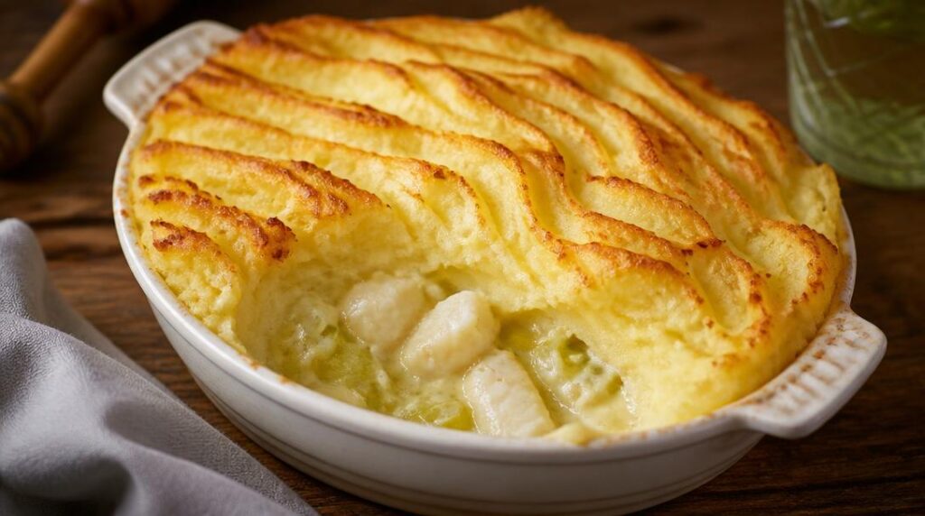 Parmentier de poisson aux poireaux et purée