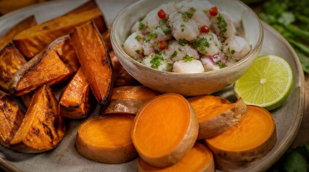 Patate douce rôtie avec ceviche de poisson