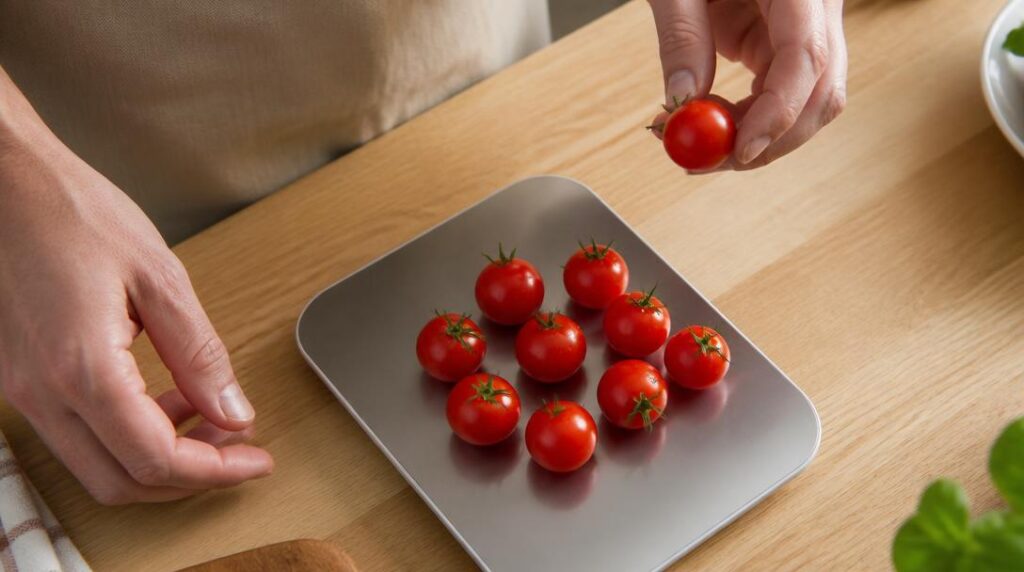 Dix tomates cerises pesées pour calculer les calories
